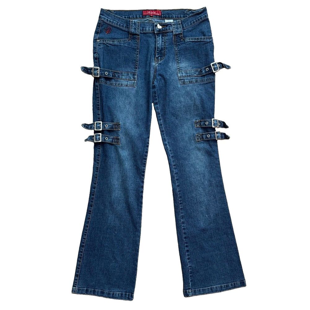 VTG Y2K Angela Jeans Womens 9 Buckle Strap Flare Bootcut Blue Denim Low Rise